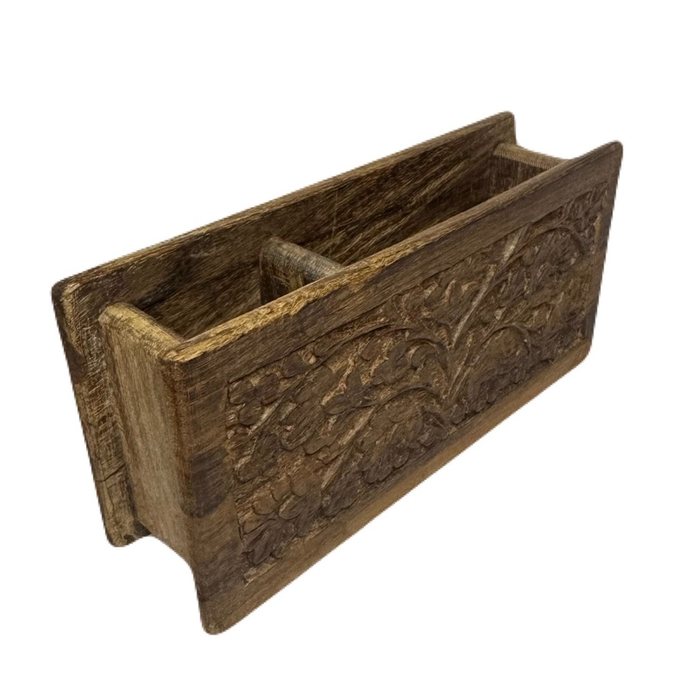 Floral Etching Both Sides Wooden Pen Pencil Notebook Mail Desk Organizer